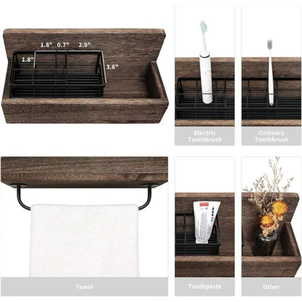 Wall Mounted Toothbrush Holder Wooden Bathroom Organizer Towel Rack Toothpaste